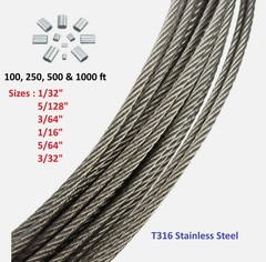 1/32″, 5/128″, 3/64″, 1/16″, 5/64″ 7×7 T316 Stainless Steel Cable with sleeves