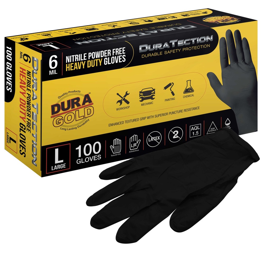 Dura-Gold HD Black Nitrile Disposable Gloves, Box of 100, Size Large, 6 Mil