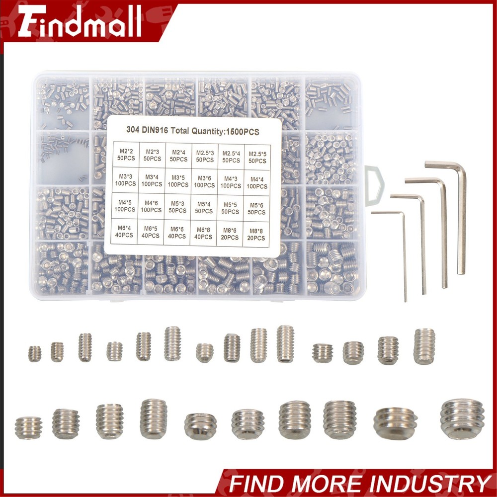 1500PCS Fully Threaded Hex Socket Set Screw Assortment Kit 304 Stainless Steel