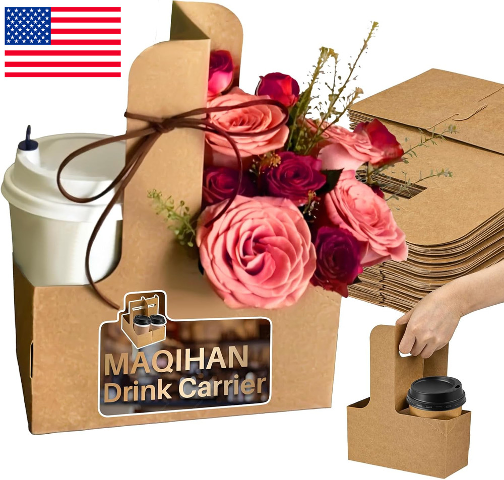 MAQIHAN 2 Cup Drink Carrier with Handle – 12Pcs Disposable Paper Cardboard Coffe