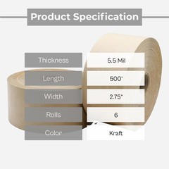 6 Rolls Kraft Paper Water Activated Gummed Tape 2.75 Inch x 167 Yards 5.5 Mil
