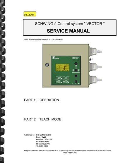 Schwing Vector Control System Operations Teach Mode SERVICE MANUAL