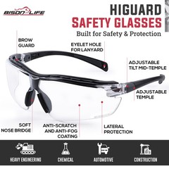 Bison Life Higuard Safety Glasses, Anti-Fog/Anti-Scratch, Pack of 2