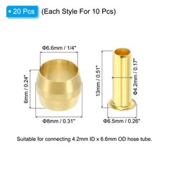 20 Pcs Brass Compression Sleeves Ferrules for 1/4″ OD Hose Tube