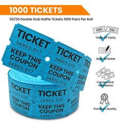 PM Company 2000 Pcs (1000 Pairs) Raffle Tickets Double Roll, 2″x2″, Blue