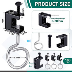 100 Sets 1/4-20 Beam Clamps with 1-1/4in Bridle Rings Steel Black Hanging Kit