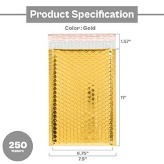 250 Pcs 7.5 x 11 Glamour Metallic Gold Poly Bubble Mailers Padded Envelope