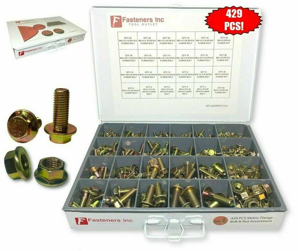 429 Piece Grade 10.9 Metric Flange Bolt & Flange Nut Assortment Kit Yellow Zinc