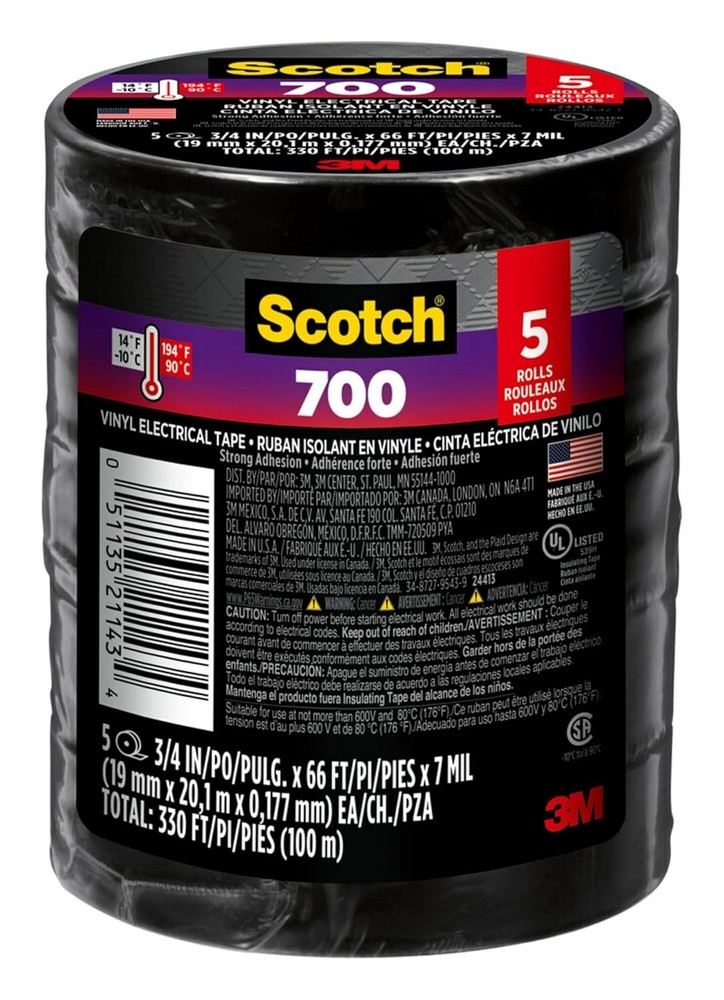 Scotch Vinyl 700 Electrical Tape, 5 Rolls, Black, 3/4-in x 66-ft, Commercial Gra