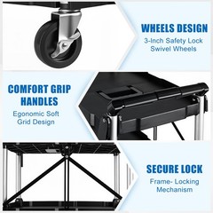 Folding Collapsible Utility Service Cart 3 Shelf 150LB w/ Swivel Lockable Wheels