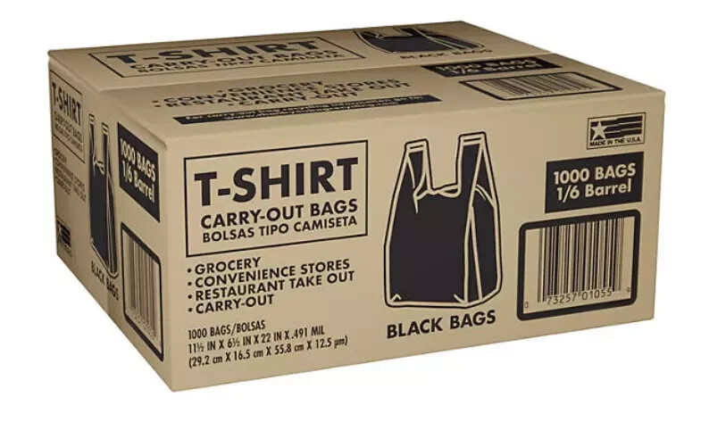 Poly America Black T-Shirt Carryout Bags 11.5″ x 6.5″ x 22″ 1000 Ct. TSSM10006B