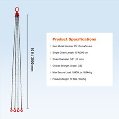 VEVOR 3/8″ x 10′ Chain Sling 4 Legs G80 Lifting Chain with Grab Hooks 18400 lbs