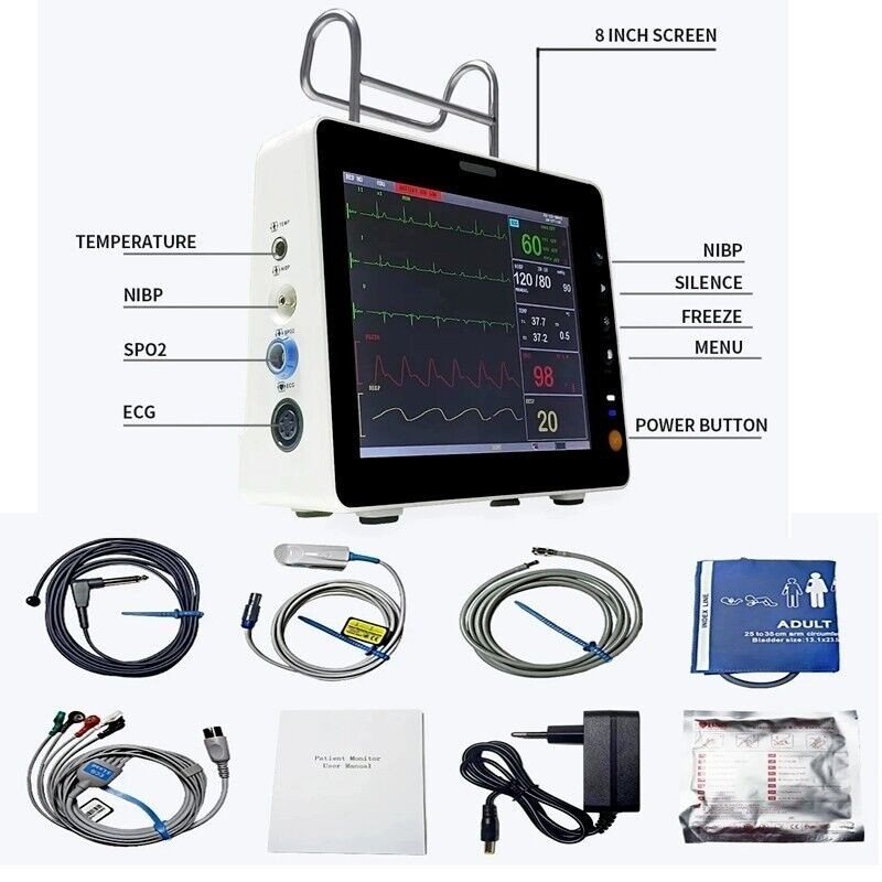 Portable 8″ Multi-Parameter Patient Monitor Vital Signs Machine ECG NIBP SPO2