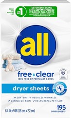 All Free Clear Unscented Fabric Softener Dryer Sheets, 195 Count