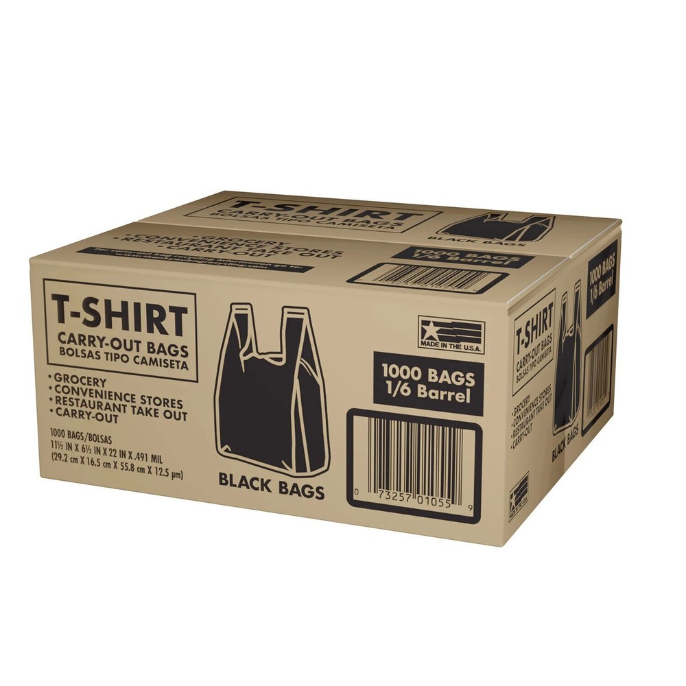 Poly America Black T-Shirt Carryout Bags 11.5″ x 6.5″ x 22″ 1000 Ct. TSSM10006B
