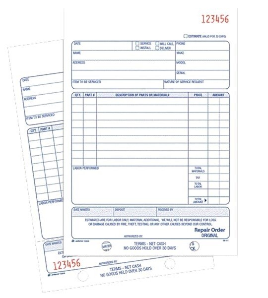 Adams Repair Order Book, Carbonless, 2-Part, White/White, 5-9/16 x 8-7/16 Inches
