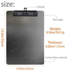 9.4×12.6×0.06 Inch Carbon Fiber Clipboard Black Low Profile Clip Letter/A4
