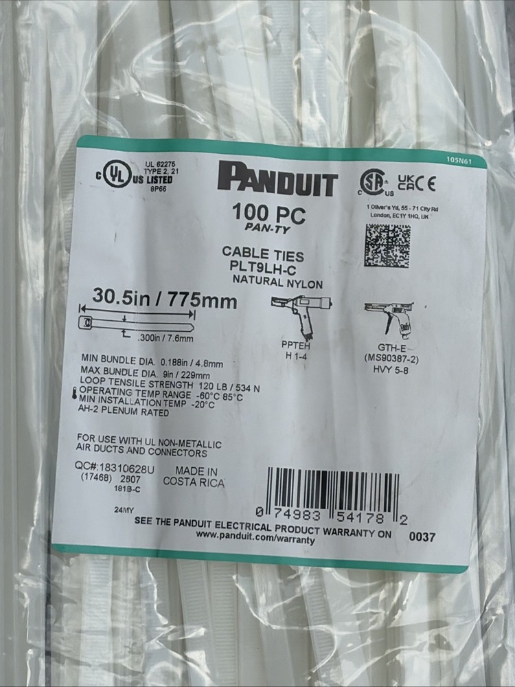 100 Panduit PAN-TY Cable Ties 30.5 inch Natural Nylon PLT9LH-C Bundle Of 100
