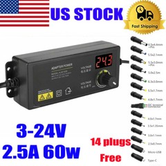 60W Power Supply Adjustable Variable Voltage DC 3V~24V Universal AC/DC Adapter