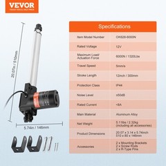VEVOR Linear Actuator 12V 12In Heavy Duty 1320lbs/6000N 0.19″/s IP44 Protection