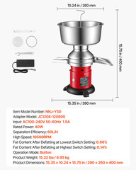 60L/H Electric Milk Cream Separator 10500RPM SS 4.5L Bowl 100-240V