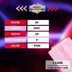 4 Rolls 18″x1500′ (80 Gauge) Anti-Stat Stretch Film Hand Shrink Wrap, Tint Pink