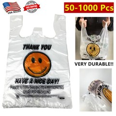 Heavy Duty Smiley T-Shirt Bag Thank You Plastic Carry Out Bags 11.5″x 6″x 17.5″