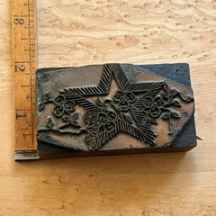 Antique Vintage Letterpress Star & Clover Copper Wood Print Block Stamp 3×1 5/8″