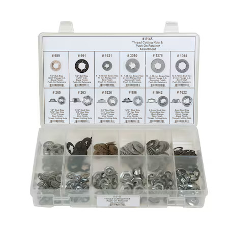 Zinc Plated & Black Finish Thread Cutting Push On Nut Assortment, 245 Pc., 8145