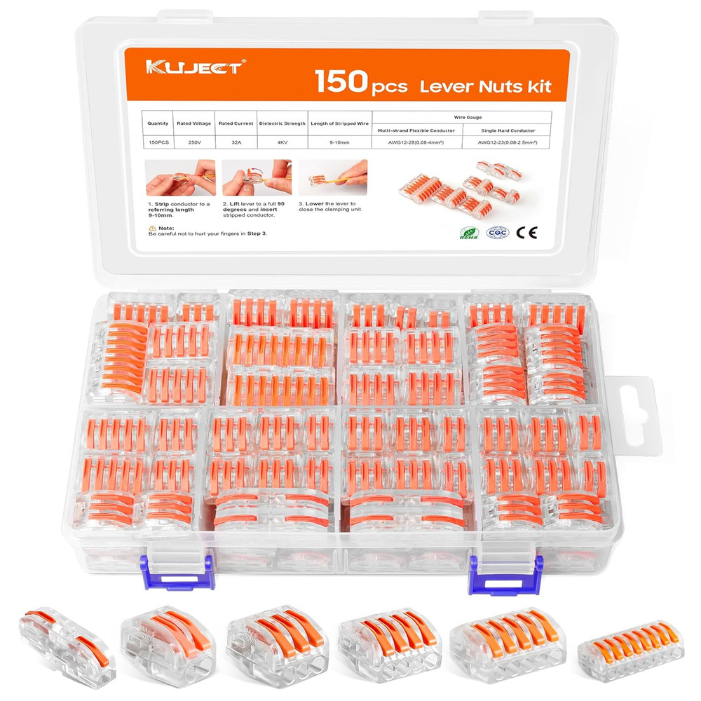 150PCS Lever Wire Nuts Connectors Kit with 2/3/4/5/8 Conductor Combination, Elec