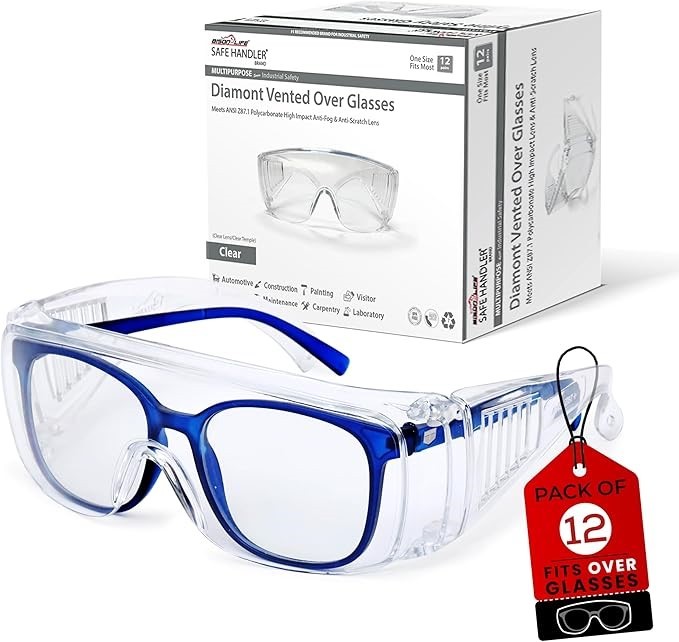 12Pcs Bison Life Diamont Clear Polycarbonate Vented Safety Over Glasses