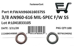 (100) 3/8 AN960-616 Mil-Spec Washers Stainless Steel AN960616 (100 Pieces)