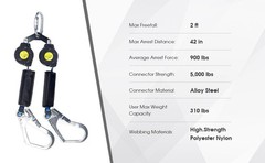 6 FT Dual Leg Self-Retracting Lifeline Web Lanyard Retractable, 2.36 in Shock Ab