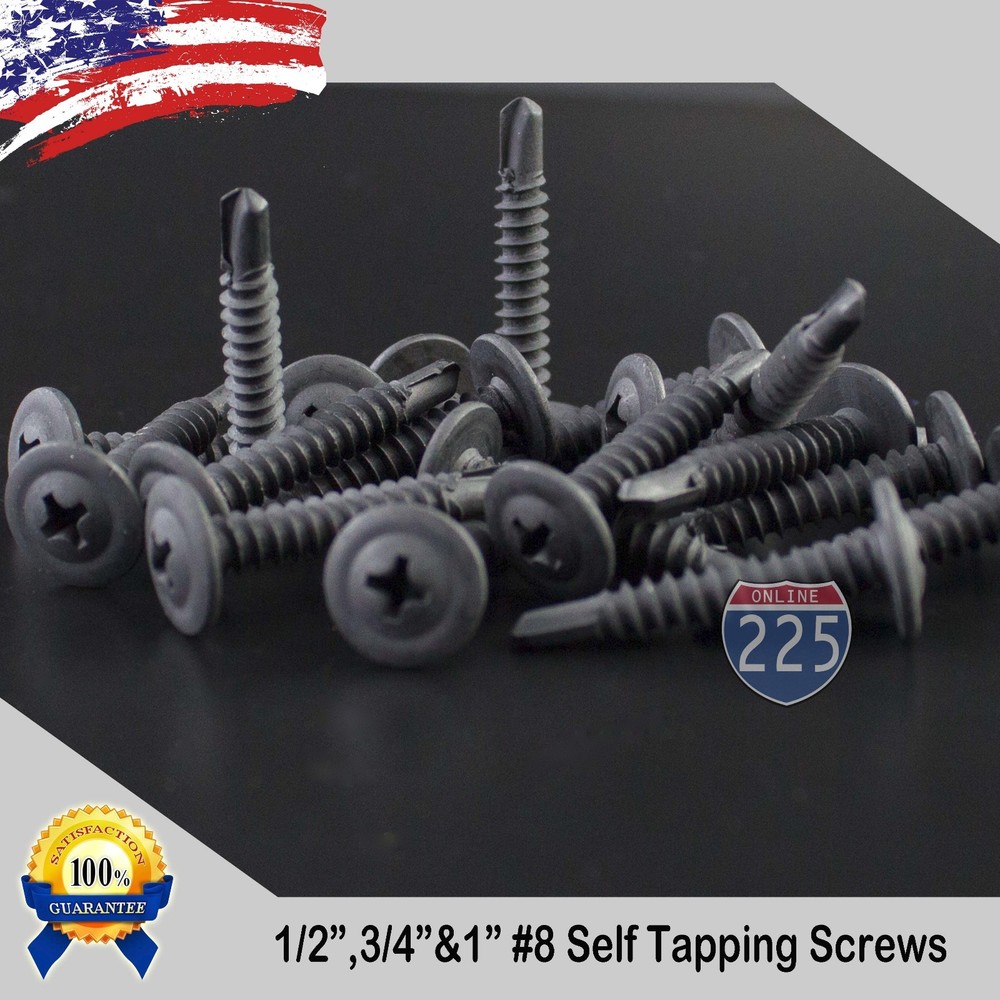 #8 Black Wafer Head Tek Pointed Metal Screws (1/2″ 3/4″ 1″) Phillips Truss Head