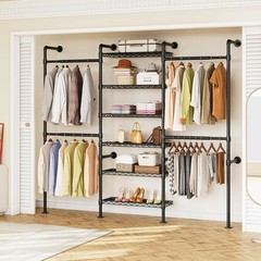 ONBRILL H3 Expandable Closet System 5.4 8.1FT with 4 Rods 6 Wire Shelves Black
