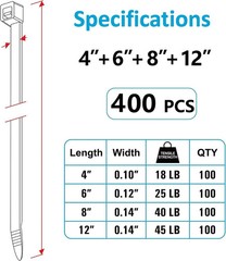 Zip Cable Ties Assorted Sizes(4”+6”+8”+12”) Heavy duty Nylon Black UV Resistant