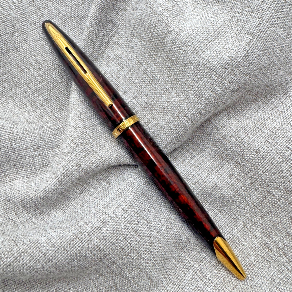 WATERMAN Carène Marine Amber Ballpoint Pen Gold Trim Blue Ink France *READ*