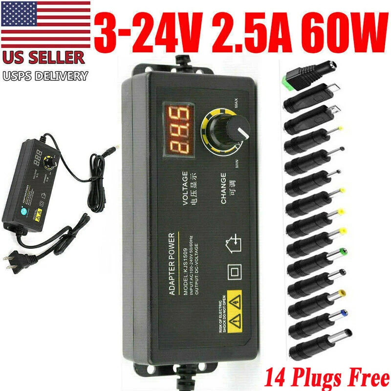 Adjustable Voltage 3 to 24V AC/DC Switch Power Supply Adapter with LED Displayme