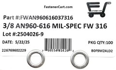(100) 3/8 AN960-616 Mil-Spec Washers 316 Stainless Steel AN960616 (100 Pieces)