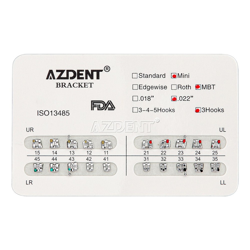 AZDENT Dental Ortodontic Bracket Metal Brackets 20Pcs/pack Mini MBT 022 & 3 Hook
