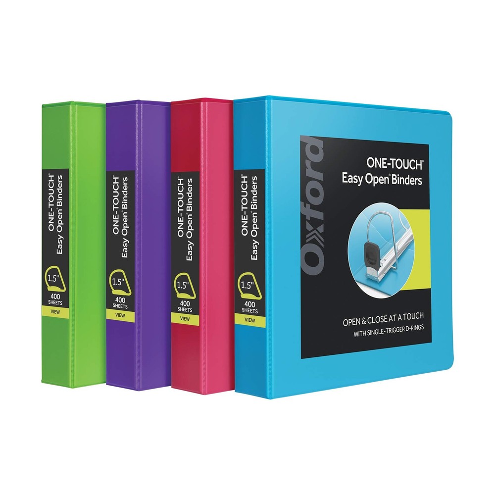 Oxford 3 Ring Binders, 1.5 Inch ONE-Touch Easy Open D Rings, 3-Sided View