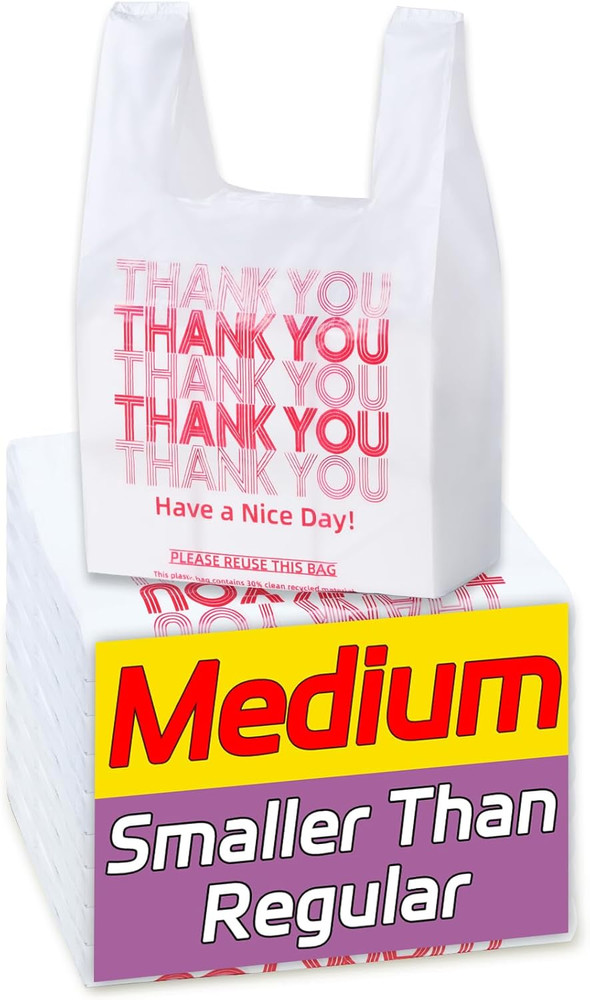 Medium Size 100 Count Plastic Bags with Handles, T-Shirt Bags, Thank You bags, S