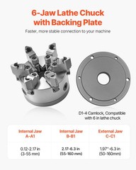VEVOR 6 Inch 6-Jaw Self-Centering Lathe Chuck with D1-4 Cam Lock Backing Plate