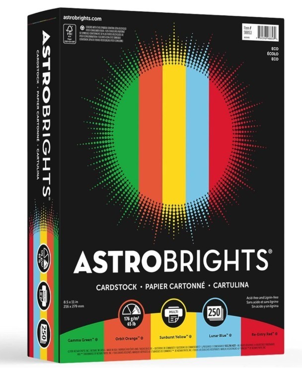 Astrobrights® Eco Card Stock, 250 Sheets, Letter Size Paper, 65 lb, Cardstock