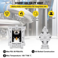 VEVOR Air-Operated Double Diaphragm Pump 2.5GPM 1/2″ Inlet Outlet Polypropylene