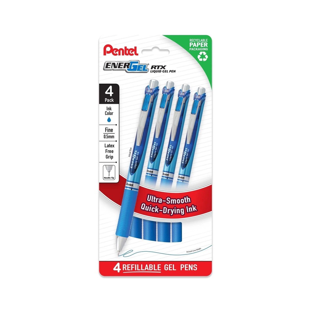Pentel EnerGel RTX 4 PACK Liquid Gel Pens 0.5mm Fine – Needle Tip – Blue Ink 4pk