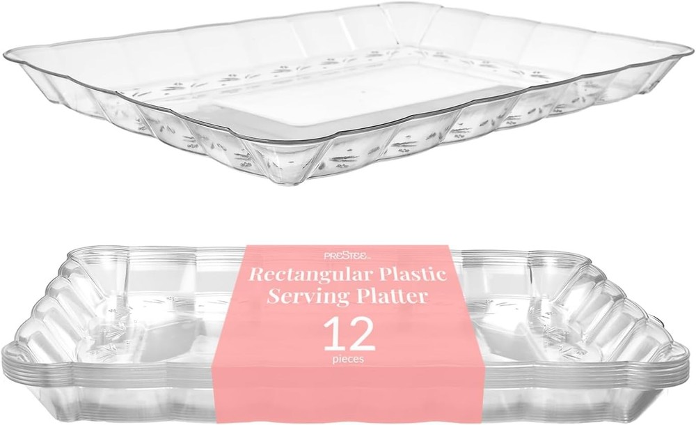 12-Pack Serving Tray – 9×13 Inches Disposable Rectangular Plastic Food Tray for