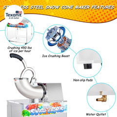 48L Snow Cone Machine, 500LB/H Commercial Shaved Ice Machine, 300W Electric Ice