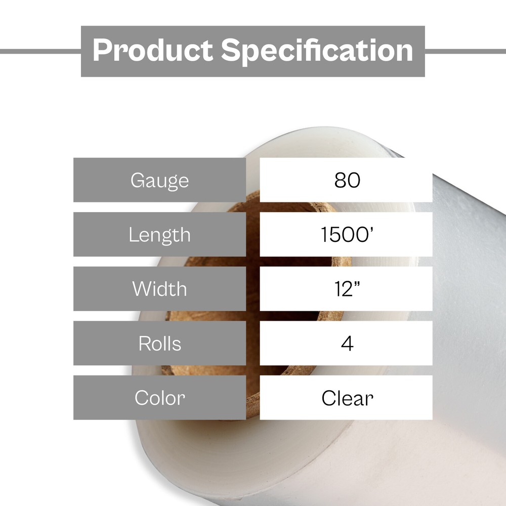 Cast Stretch Film 12″ x 1500′ High Clarity Wrap for Packing Shipments, 80 Gauge