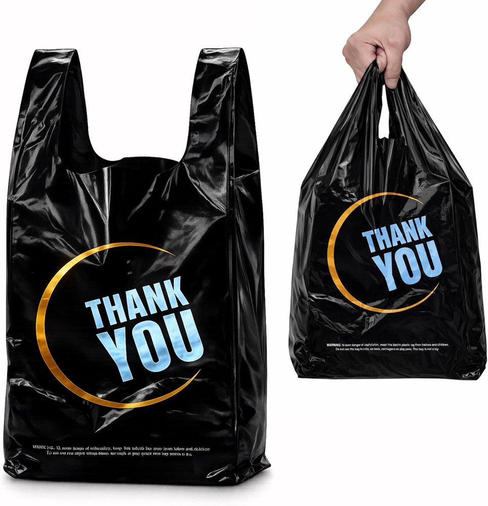 100 Count Plastic Bags with Handle for Retail Shopping & Supermarket Use Black